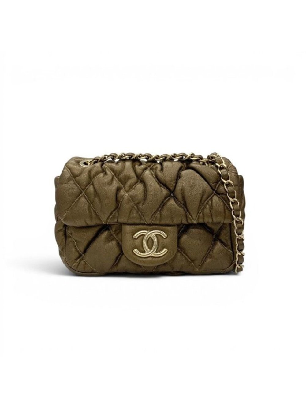 Chanel Shoulder Bag Brown Gold Quilted CC Logo Bubble Quilt Double Chain